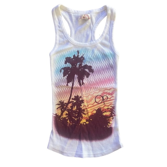 OP Tops - Op Ocean Pacific Tropical Island Airbrush Style Racerback Tank Top
